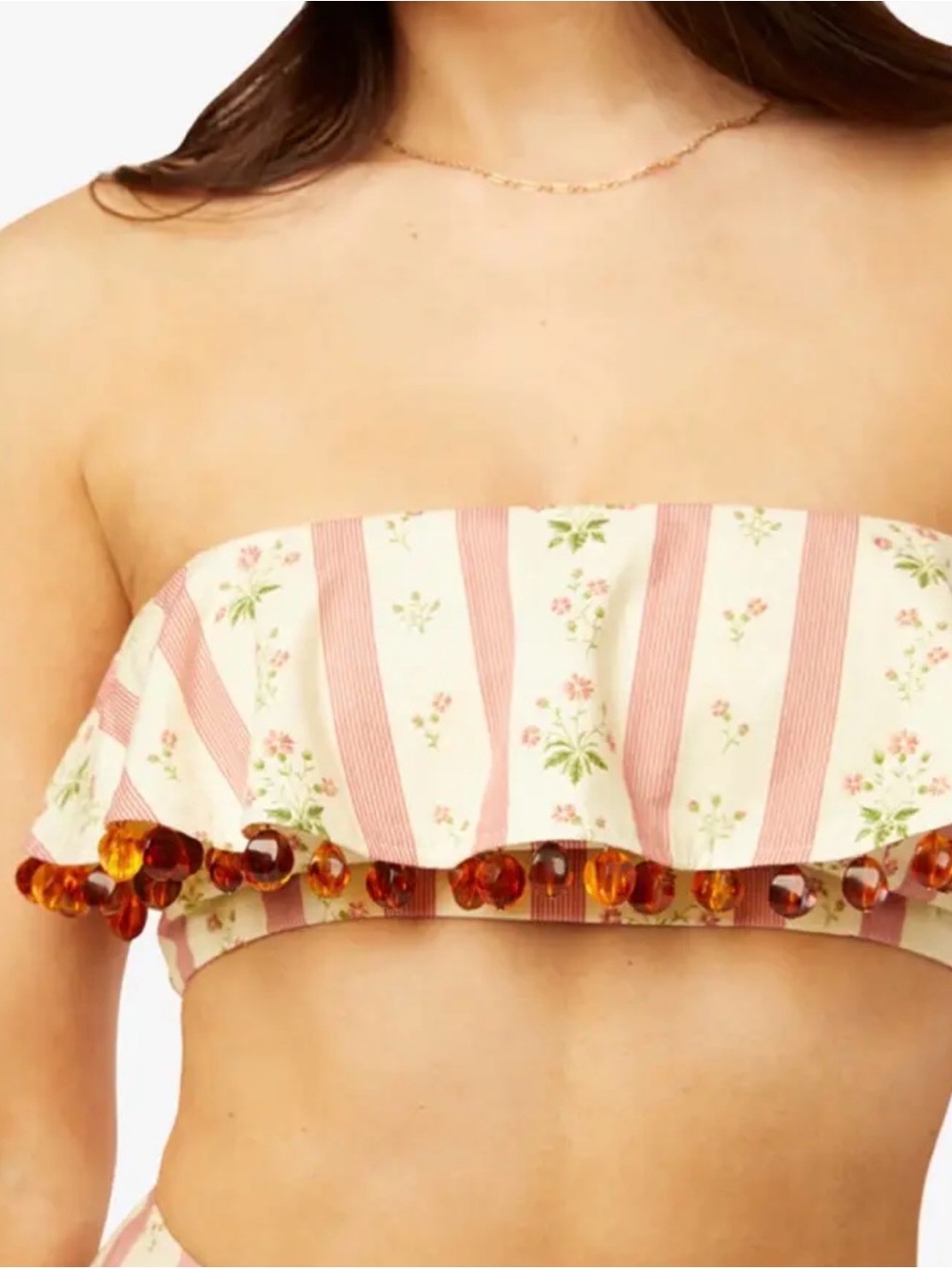 Striped Floral Ruffle Bandeau Top with Amber Bead Trim